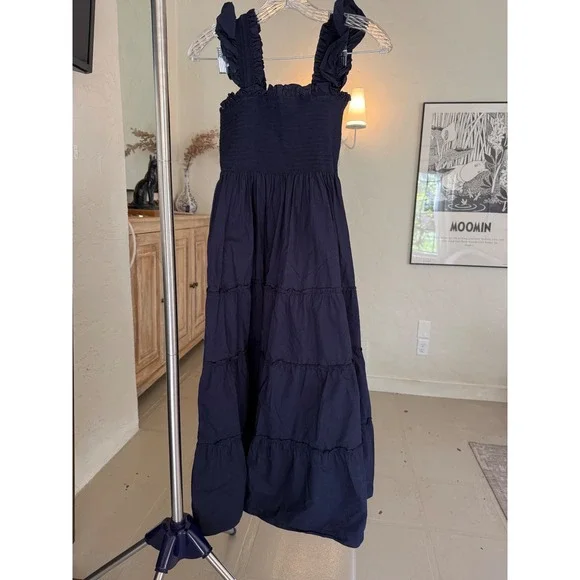Quince Navy Blue Organic Cotton Smocked Tiered Maxi Dress Ruffle Strap XL - Picture 3 of 9